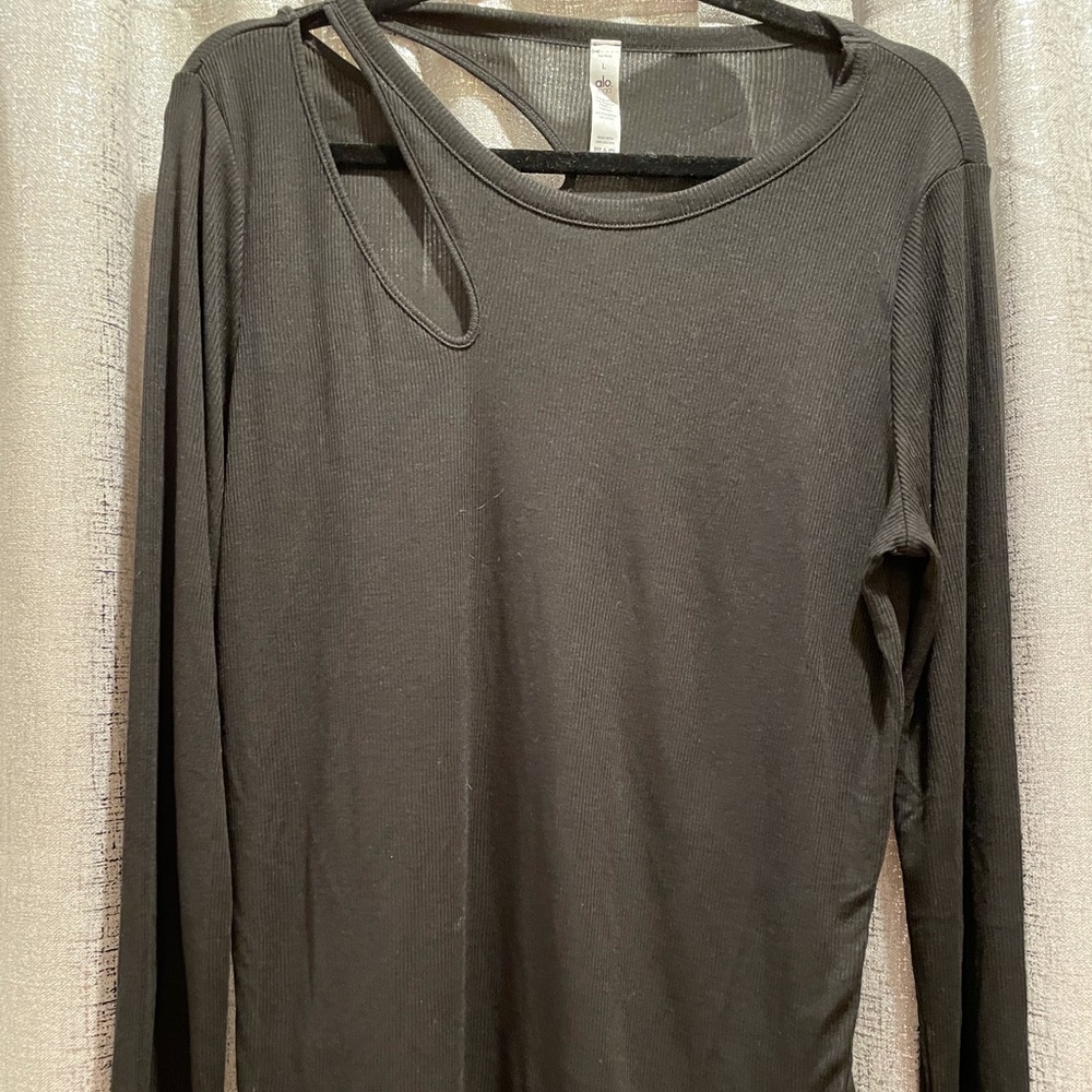 Alo Yoga Black Asymmetric Ribbed Long Sleeve Shirt